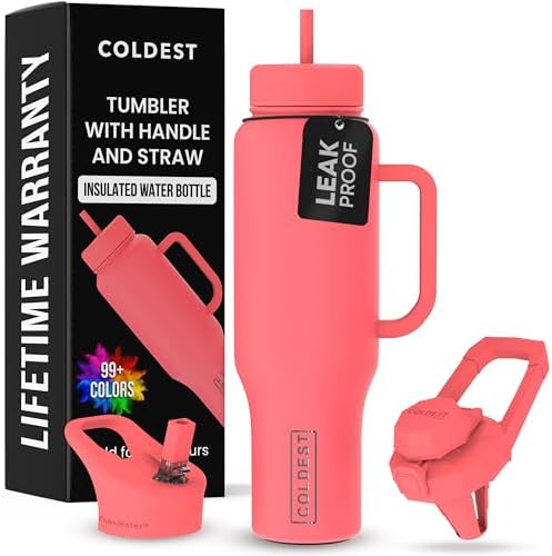 Coldest Tumbler with Handle and Straw - 100% Leak Proof Insulated Tumbler with Lid and Straw (3 Lids) - Stainless Steel Tumblers for Women & Men - Cup Holder Friendly Base, 46 oz (The Cardinal) by Coldest