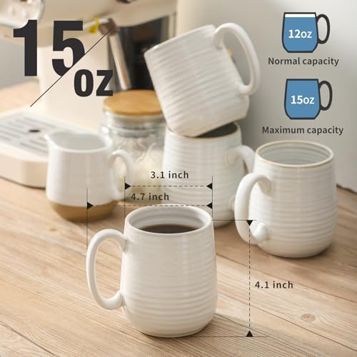 HASENSE Coffee Mugs Set of 6, 15 oz Ceramic Coffee Cups, Clay-Infused White - Image 2