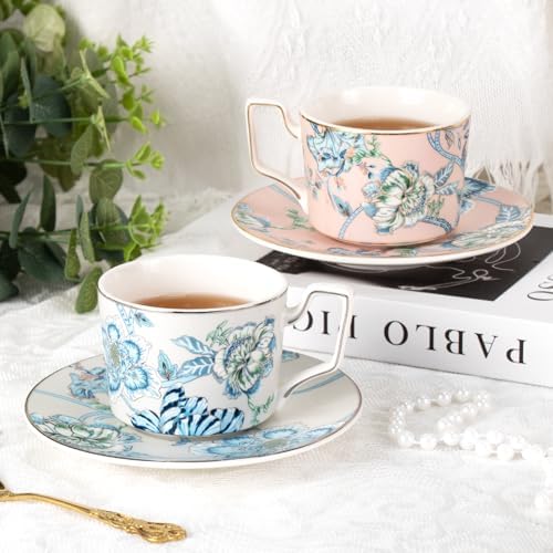 KAMMAK Tea Cups and Saucers Set of 2, Porcelain Coffee Cups, NX043 - Image 3
