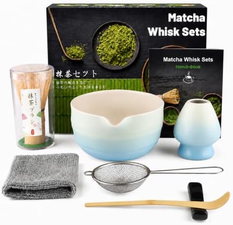 7PCS Matcha Set, Matcha Making Kit Includes Matcha Whisk and Bowl, Tea Lid, Scoop, Strainer and Match Whisk Holder, Tea Towel, Matcha Whisk Set for Matcha Lovers (Blue) by Lafefe