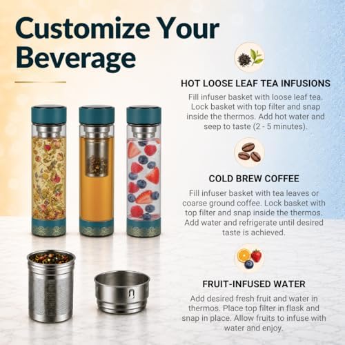 Farasi Tea Infuser for Loose Leaf Tea Smart Water Bottle with Fahrenheit Temperature Display, Stainless Steel Insulated Coffee and Fruit Tea Infuser Bottle - Red Floral Travel Tea Mug 15 oz - Image 2