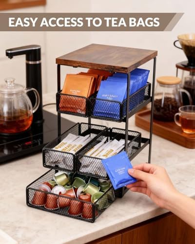 Tea Bag Organizer with 5 Drawers, Wooden & Metal Tea Storage Organizer for TeaBags, Coffee Pods, Creamers & Sugar – Countertop Tea Bag Holder for Coffee Bar and Kitchen, Space-Saving Tea Storage Rack - Image 6
