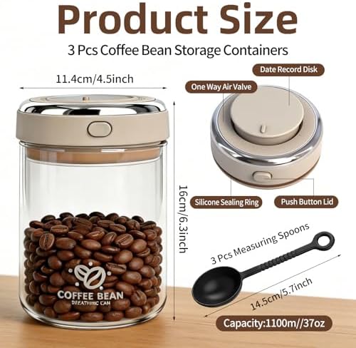 3 Pcs 37oz Coffee Bean Storage Container with Airtight Lid One Way Valve Date Tracker Storage Container with Scoop Glass Airtight Coffee Canister for Flour Cereal Cookies Sugar Tea - Image 2
