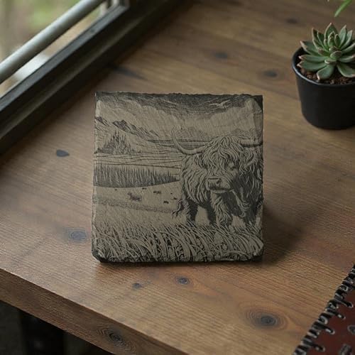 Slate Coasters Set of 4, Highland Cow Laser-Engraved Stone Coasters, 4x4 Inch Natural Black Slate Drink Coasters, Farmhouse Rustic Decor - Image 6