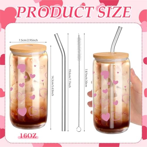 12 Pcs Valentine Gifts Glass Cups with Lids and Straws 16 oz Hearts Iced Coffee Cups Drinking Heart Women Ladies Wife Gift Valentines Day Galentines Party Supplies Wedding Birthday (Pink) - Image 2