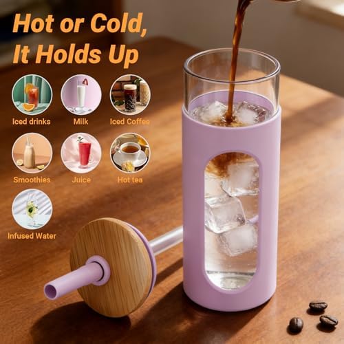 Tronco 26 oz Glass Tumbler with Lid & Straw, Reusable Iced Coffee Cups and Smoothie Cup with Bamboo Lid for Boba Tea, Coffee, Juice, BPA-Free Borosilicate Glass Cup for Home, Office & Gifts – 2 Pack - Image 2
