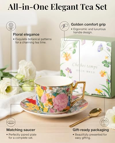 8oz Bone China Tea Cup and Saucer Set, Floral Teacup - Image 4