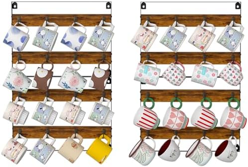 Rustic Wood Coffee Mug Rack - Wall Mount Cup Holder Shelf Storage for Kitchen, Home, Bar, Office (4 Pack, Holds 32 Mugs) by Huxitocan
