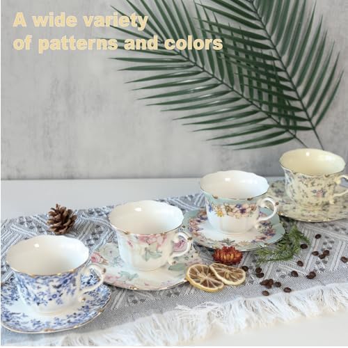 Vintage Floral Porcelain Tea Cup and Saucer Set with Spoon, Gold Trim, 6.4 oz – Set of 2, Beige – Tea & Espresso & Coffee Cups (2, Beige) - Image 7