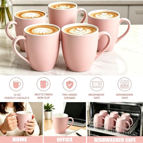 Coffee Mugs Set of 6, 12oz Pink Ceramic Coffee Mugs Cups with Handle - Image 6