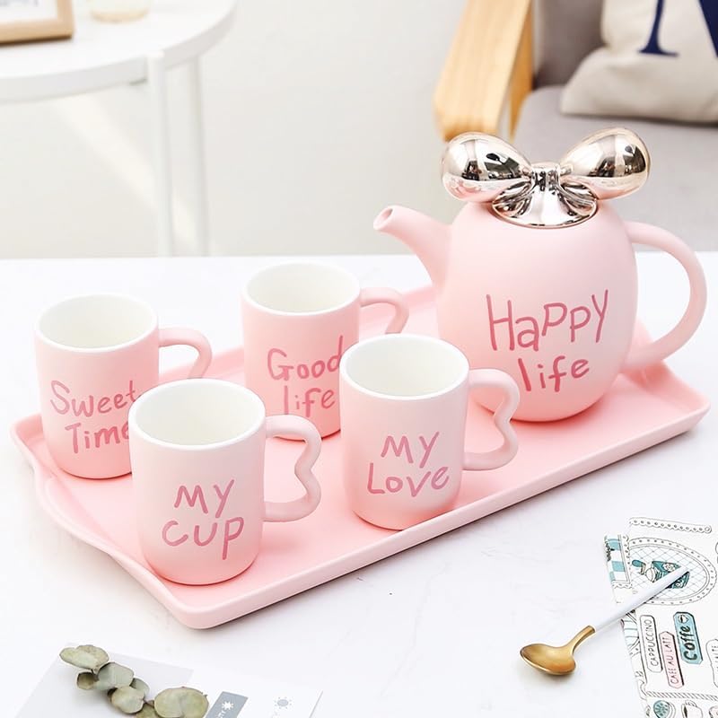 Water Pitcher Cute Girl Heart Ceramic Creative Water Set Tea Set Living Room Water Cup Coffee Cup Heat-Resistant Tea Cup Household Cup Set Water Jug(White) - Image 3
