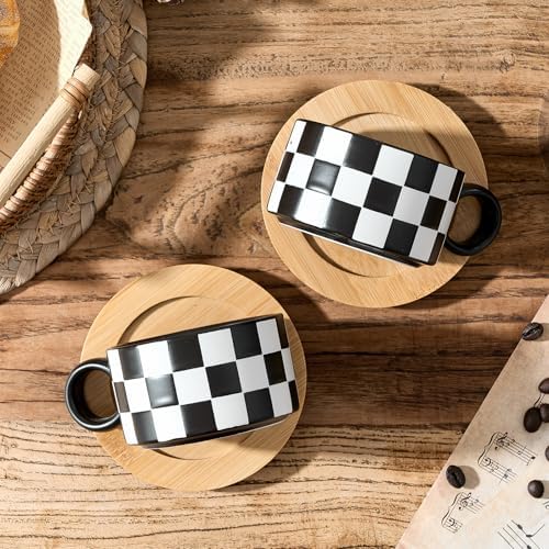 LUKA 6 Ounce Ceramic Stackable Black and White Checkered Espresso Cups with Saucers and Metal Stand Set of 4, Cappuccino Cups Set for Coffee Drinks, Latte, Cafe Mocha and Tea, Black Interior - Image 5