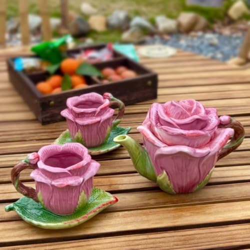 Ceramic Rose Tea Pot Set, 3D Hand-painted Rose Red Flower Cup and Green Leaves Saucer, Set of 5 - Image 2