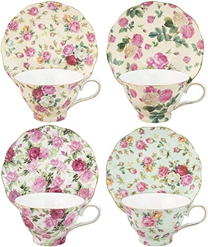 Gracie China by Coastline Imports Rose Chintz 8-Ounce Porcelain Tea Cup and Saucer, Set of 4 - Image 2