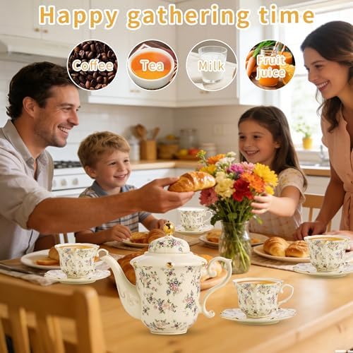 TATSUMI Country Roses Porcelain Tea Set, European Ceramic tea set for adults,Vintage Style, For Women and Tea Parties (Yellow, 13 Pieces Set) - Image 5