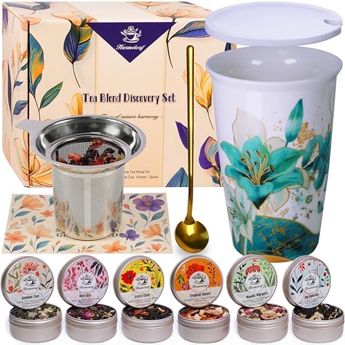Harmoleaf Tea Gift Set for Women, 6 Loose Leaf Tea Blends with Blue Lily Insulated Ceramic Cup, Stainless Steel Infuser, Lid and Gold Spoon, Birthday, Mother's Day, Anniversary, Retirement Gift for Her by Unknown