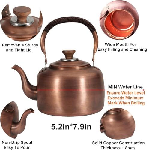 Copper Tea Kettle Stovetop Whistling, 3QT 5QT 7QT, Fast Boil, Vintage Rustic, Ergonomic Handle, for Gas Range, Propane, Fireplace, Camp Cooking(5 Quarts) - Image 5