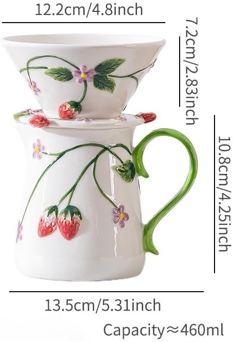 Strawberry Ceramic Manual Coffee Grinder, Hand Crank Coffee Bean Mill, Pour Over Dripper, Milk Pitcher & Mug, Vintage Floral Coffee Maker Kit for Home Kitchen Café Brewing (Dripper) - Image 6