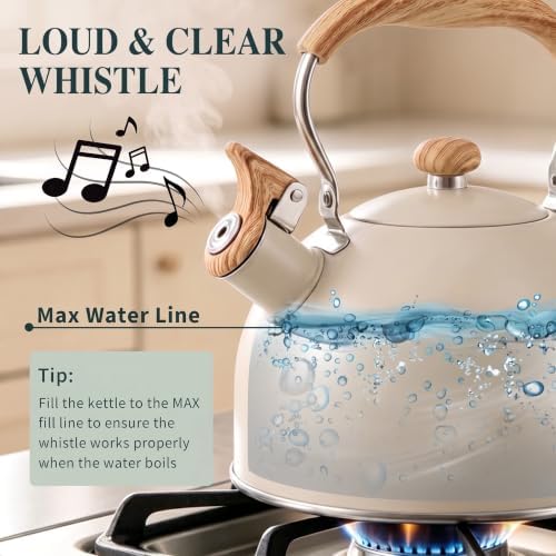 Tea Kettle for Stove Top, 2.5 Quart Whistling Tea Kettle, Stainless Steel and Wood Pattern Folding Handle, Beige - Image 2