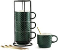 LYEOBOH Coffee Mug Set Porcelain Stackable Coffee Mugs with Stand and Spoons, 13 OZ. Cappuccino Cup Demitasse Cups for Drinks, Espresso, Latte,Set of 4, Dark Green by LYEOBOH