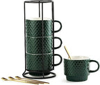 LYEOBOH Coffee Mug Set Porcelain Stackable Coffee Mugs with Stand and Spoons, 13 OZ. Cappuccino Cup Demitasse Cups for Drinks, Espresso, Latte,Set of 4, Dark Green by LYEOBOH