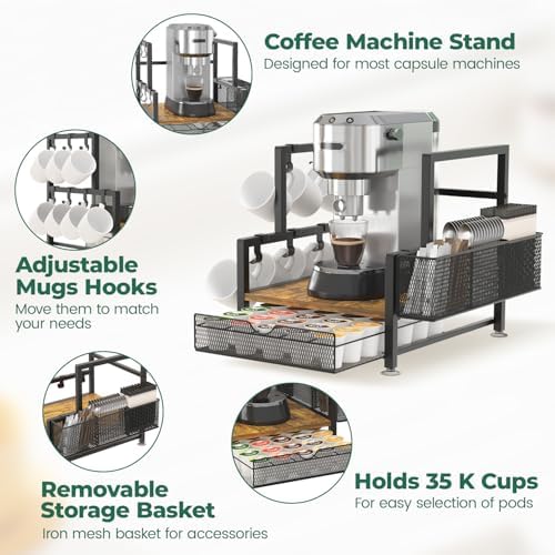 EsLuker.ly Coffee Bar Station Organizer with K Cup Drawer, 7 Mug Hooks - Image 5
