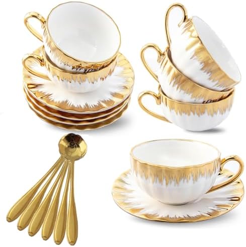Gold Rimmed Ceramic Coffee Mug with Saucer Cappuccino Mug, 6 oz, for Coffee, Latte, Tea, Set of 6 (gold, Medium) by Unknown