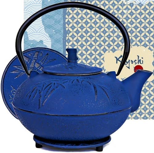 85 Oz XXL Blue Bamboo Cast Iron Teapot, Enamel Interior, Infuser & Trivet by KIYOSHILuxury