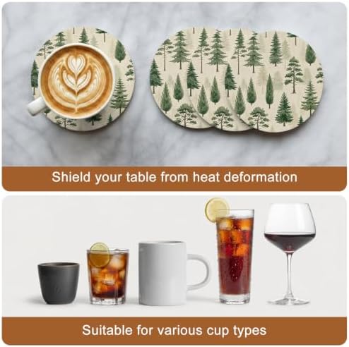 Green Christmas Tree Absorbent Ceramic Coasters Set of 6 with Holder, Xmas Pine Trees Natural Forest Rustic 4" Round Drink Coasters with Cork Base, Coffee Mugs Mats for Housewarming Gift/Bar/Party - Image 5