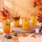 tchrules 100 Set 16oz Orange Plastic Iced Coffee Cups with Lids & Straws - Image 2