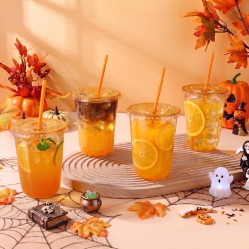 tchrules 100 Set 16oz Orange Plastic Iced Coffee Cups with Lids & Straws - Image 2