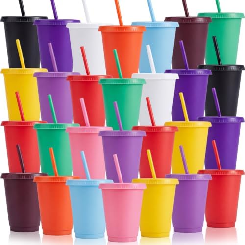 Sieral 30 Pack Reusable Plastic Cups with Lids Straws,Classic Color by Sieral