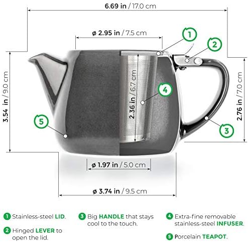 Tealyra - Pluto Porcelain Small Teapot Grey - 18.2-ounce (1-2 cups) - Unique Finish - Stainless Steel Lid and Extra-Fine Infuser To Brew Loose Leaf Tea - 540ml - Image 6