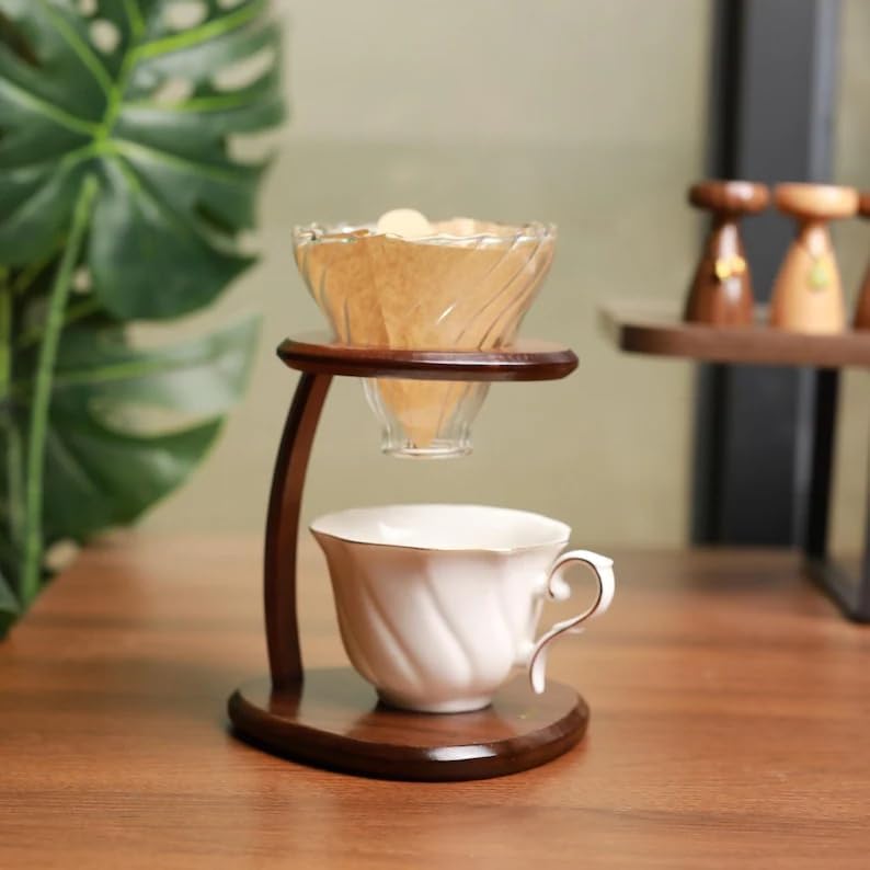 Wooden Pour Over Coffee Stand, Modern Minimalist Drip Coffee Holder, Glass Dripper & Ceramic Cup Set for Home Kitchen Barista, Countertop Coffee Brewing Station by Unknown