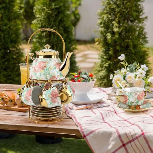 20Pcs Porcelain Tea Set for Adults, European Ceramic Tea Set Flower Ceramic Tea Cups (3oz), Teapot (15oz), & Saucers with Metal Holder for Women Tea Party - Image 5