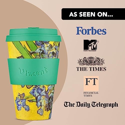 Ecoffee Cup 14oz (400ml) Van Gogh Reusable Coffee Cup – PLA Plant-Based Travel Mug with Silicone Lid, Melamine Free & Dishwasher Safe – Irises - Image 6