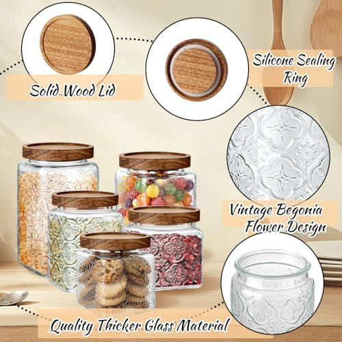 Gerrii Clear 5 Pcs Vintage Glass Food Storage Containers 17/24/34 oz Glass Jar with Lid Airtight Candy Food Canisters for Kitchen Counter Pantry Coffee Beans (Begonia,Sunflower,Window Grilles Square) - Image 3