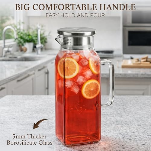 2 Pack Square Glass Pitcher with Lid and Handle, 68 oz 2 Liter Borosilicate - Image 3