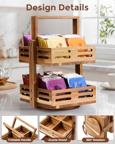 Acacia Wood Tea Bag Organizer, 360° Rotating 2-Tier Storage Holder with 8 Compartments, Holds 80+ Tea Bags for Kitchen Countertop, Tea Station, Home Decor - Image 3