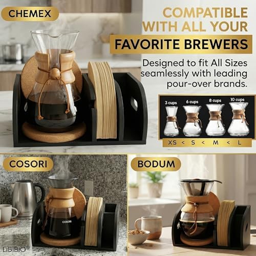 3-in-1 Chemex Caddy with 2 Cork Mats, Coffee Filters/Accessories Organizer, Pour-Over Station, Black Bamboo - Image 6