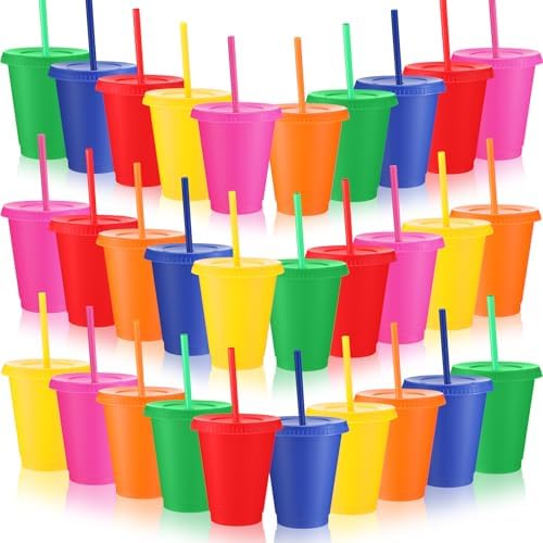 Sieral 30 Pack Reusable Plastic Cups with Lids Straws,Vibrant Colors by Sieral