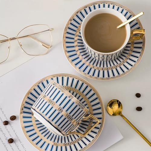 8.45oz European Ceramic Coffee Cup & Saucer Set of 2 with Handle & Gold Spoons, Stripe with Gold Accents, for Latte, Tea, Cappuccino, Gift Boxed for Tea Party, Housewarming Gift (two blue) - Image 7