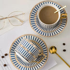 8.45oz European Ceramic Coffee Cup & Saucer Set of 2 with Handle & Gold Spoons, Stripe with Gold Accents, for Latte, Tea, Cappuccino, Gift Boxed for Tea Party, Housewarming Gift (two blue) - Image 7