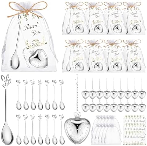 50 Sets Bridal Shower Tea Party Favor for Guests Leaf Tea Spoon Heart Tea Infuser for Loose Leaf Tea Steeper with Thank You Card Organza Bags for Wedding Decoration Gift Souvenirs (50, Silver) by wxfdac