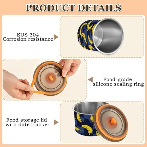 Dry Food Storage Containers Stainless Steel Storage Containers For Pantry Blue and Black Checkered Bananas Stackable Push Button 900ml - Image 5