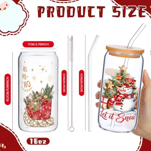 Vesici 6 Set Christmas Glasses Cups 16 oz Xmas Drink Cup with Lid Straw and Stopper Can Shaped Beer Tumbler Xmas Appreciation Gifts with Cards and Bow for Women Birthday Party Favor(Elegant Christmas) - Image 3