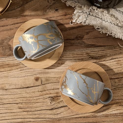 LUKA 6 Ounce Porcelain Stackable Espresso Cups with Saucers and Metal Stand Set of 4, Ceramic Cappuccino Cups Set for Specialty Coffee Drinks, Latte, Cafe Mocha and Tea, Gray - Image 5