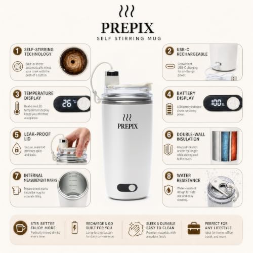PREPIX Self Stirring Mug, USB-C Rechargeable Coffee Mixer, Stainless Steel Insulated Travel Mug with Electric Stirrer & Spill-Proof Lid, for Coffee, Hot Chocolate & Matcha, 14oz - Image 4