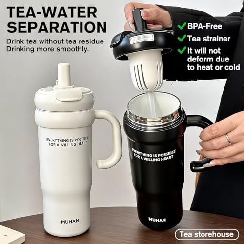 MUHAN 30oz Insulated Tumbler with Handle, Stainless Steel Water Bottle, Travel Mug (Moon White-Ceramic inner（Lid+tea strainer+Straw+handle）, MUHAN 30oz Insulated Tumbler with Handle) - Image 6