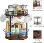 Rotating Coffee Mug Holder Rack Stand, 2 Tier Wooden Coffee Station Bar Organizer for Countertop, Spinning Kitchen Counter Organizer, Mug Shelf with 6 Hooks, Rustic Brown and Black - Image 4